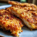 Close-up of Crispy Baked Parmesan Chicken showing the golden-brown crust and juicy chicken inside.