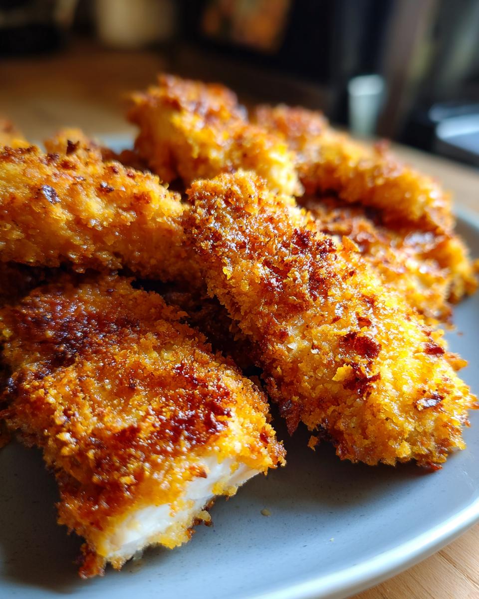 Close-up of Crispy Baked Parmesan Chicken pieces on a plate, showing the golden-brown, crispy coating.