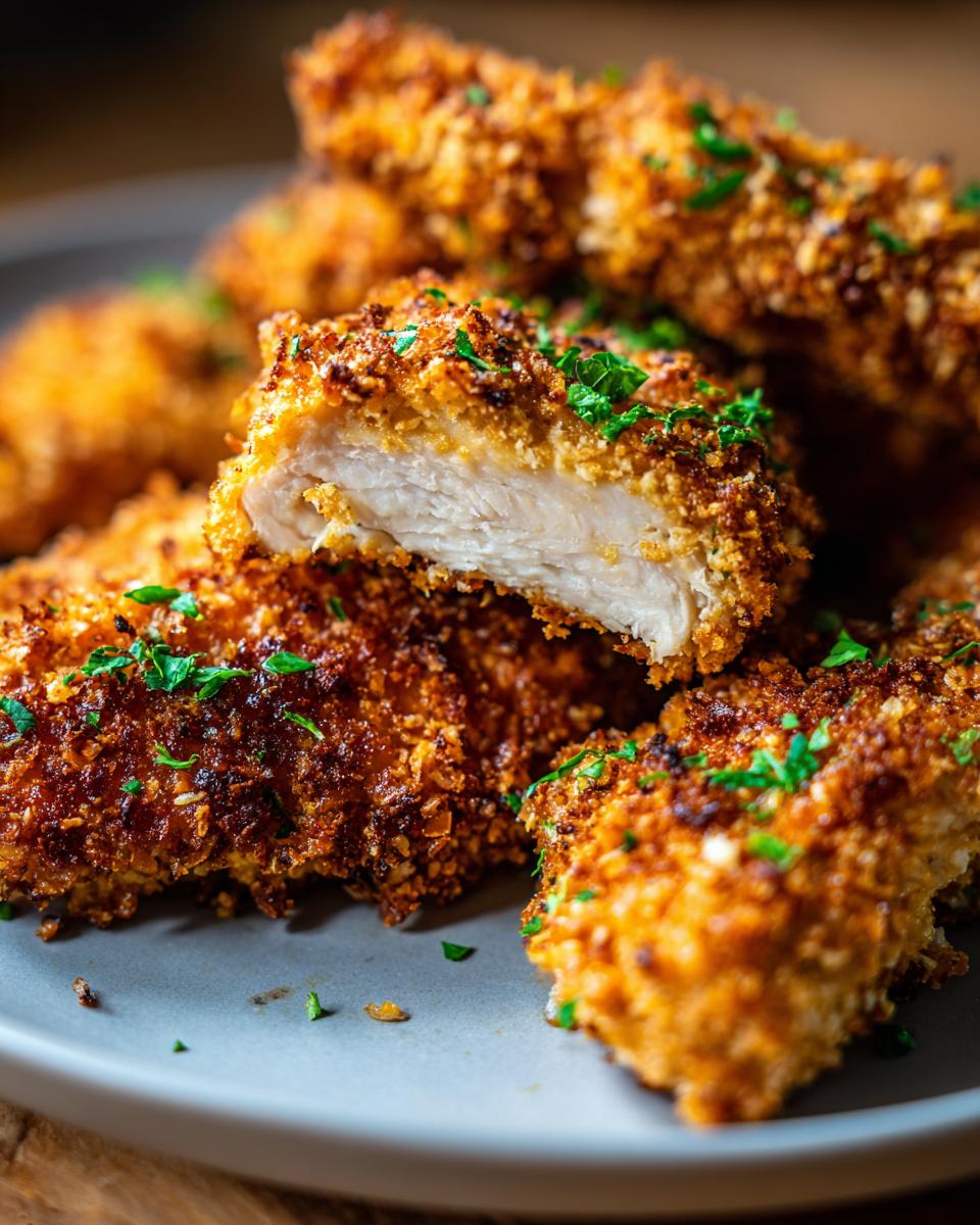 Close-up of Crispy Baked Parmesan Chicken pieces, one cut open to show the juicy interior, garnished with parsley.