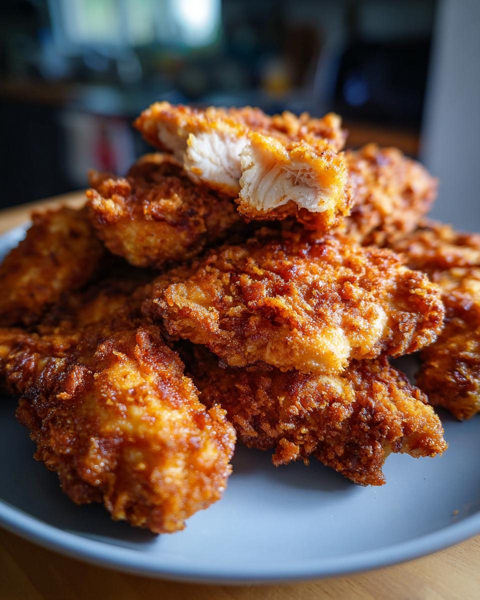 A stack of golden Crispy Baked Parmesan Chicken pieces on a blue plate, one piece broken to show the inside.