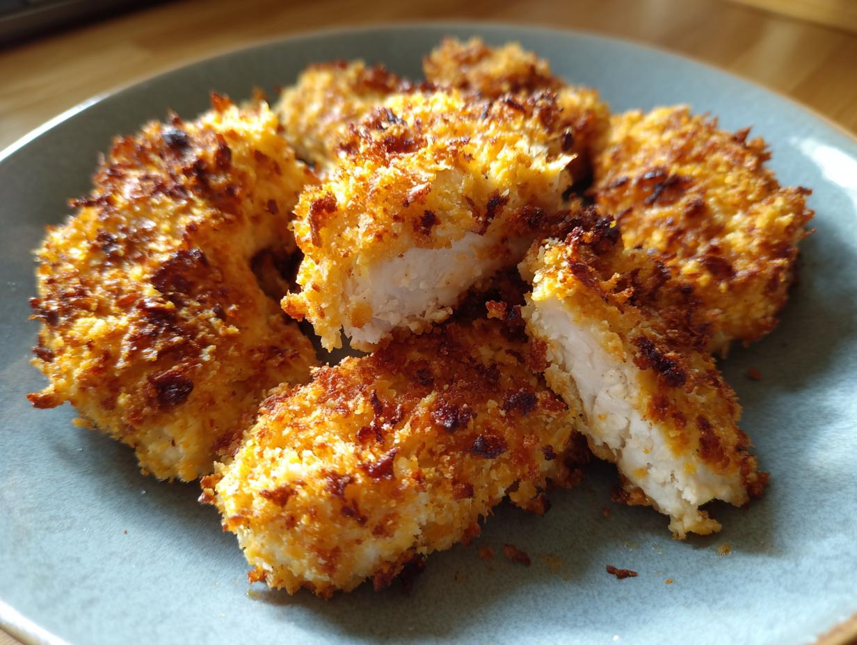 A plate of golden Crispy Baked Parmesan Chicken pieces, showcasing the crispy coating and tender chicken inside.