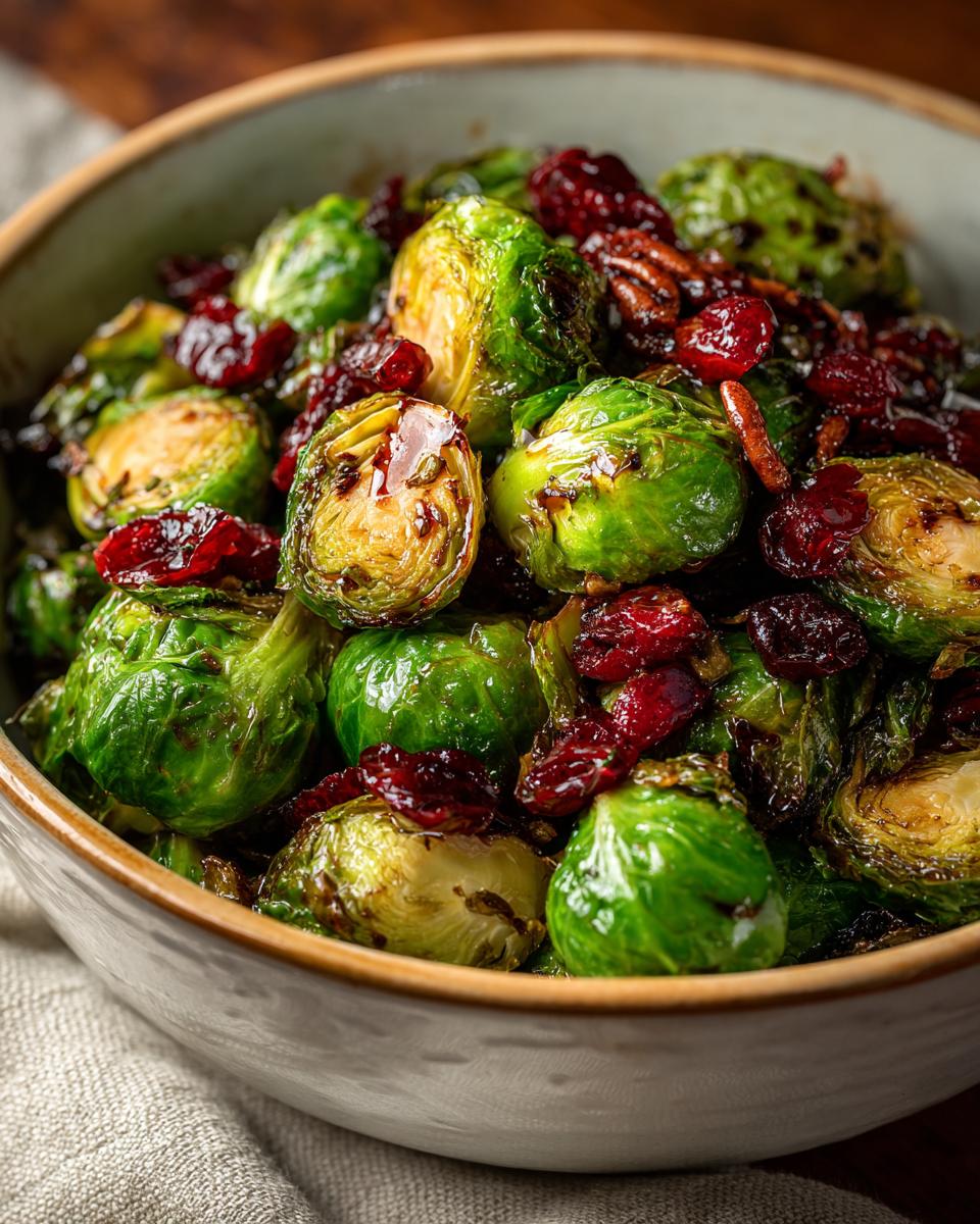 Close-up of crispy Brussels sprouts with cranberries and pecans, a Best Thanksgiving Salad Recipe 2025.