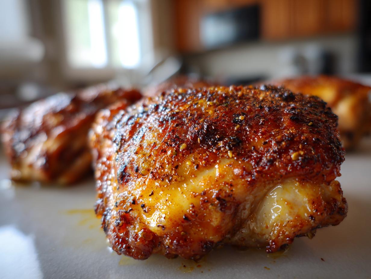 Close-up of crispy baked chicken thighs, showcasing the juicy inside. One of the Best Chicken Thigh Recipes 2025.