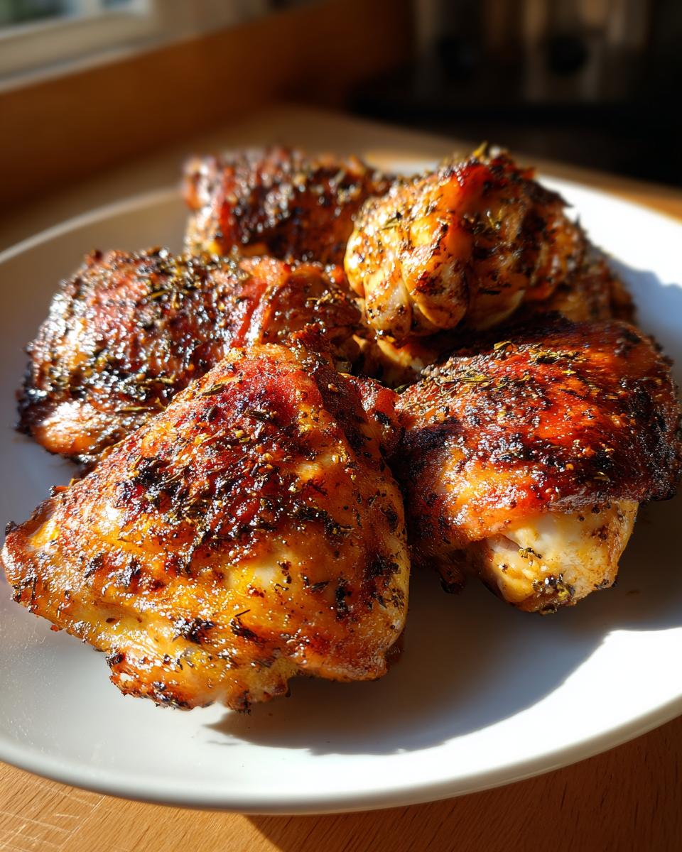 Close-up of seasoned and cooked chicken thigh recipes on a white plate, ready to serve.