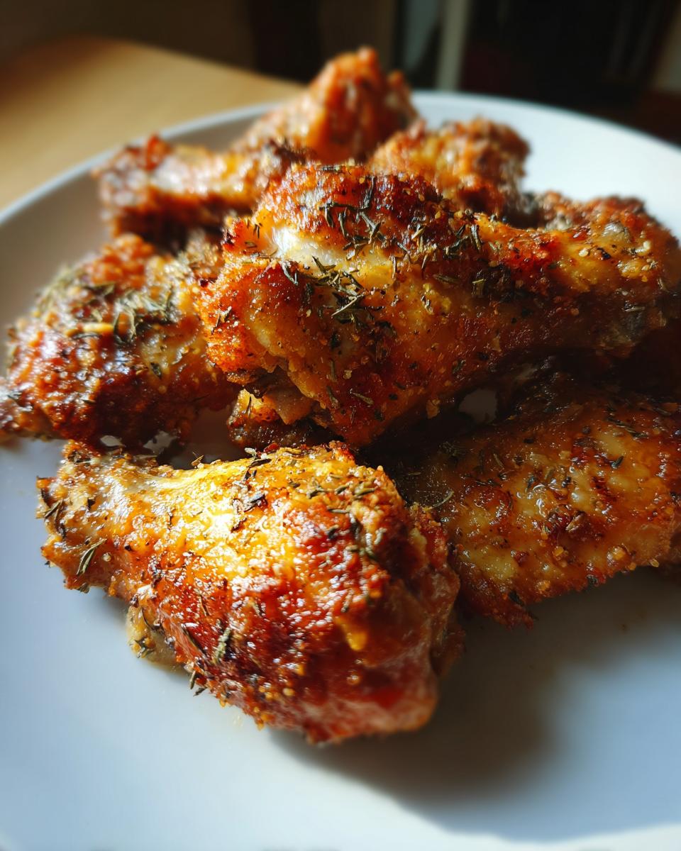 A plate of crispy, golden-brown chicken wings seasoned with herbs, perfect for Chicken for Busy Weeknights.
