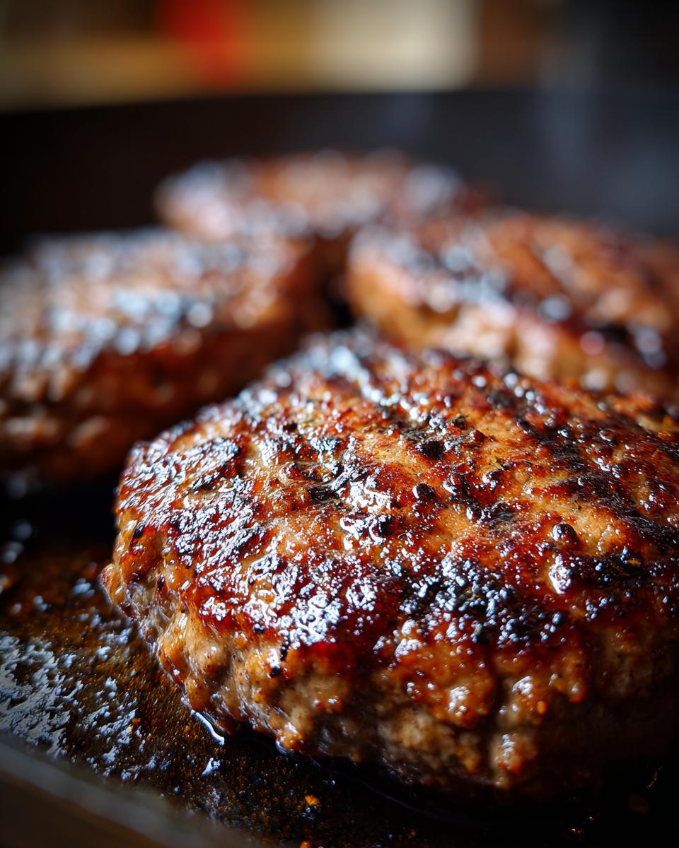 Close-up of ground beef patties cooking, showcasing a crispy exterior. Part of Best Ground Beef Recipes 2025: Crispy Outside, Juicy Inside.