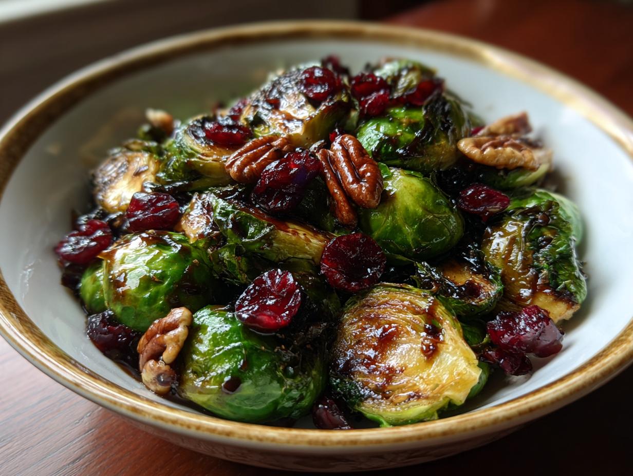 A bowl of Crispy Thanksgiving Salad Recipe with Brussels sprouts, cranberries, and pecans.