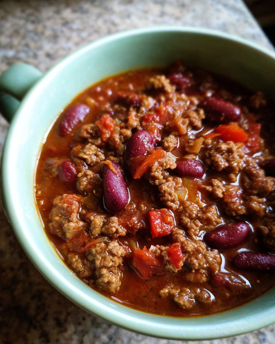 Close-up of a bowl of chili, a Dinner Ideas Recipe Everyone Asks For, featuring kidney beans, ground beef, and diced tomatoes.