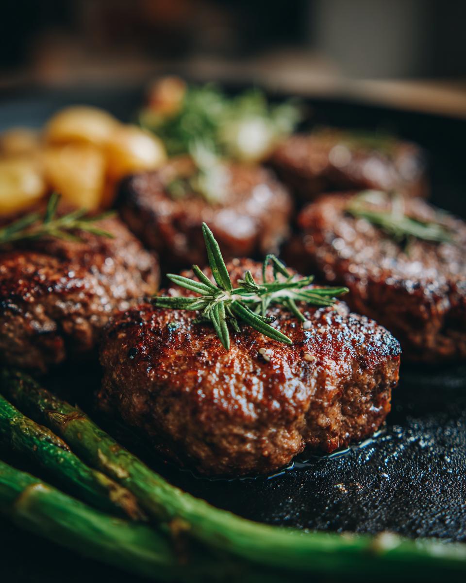 Close-up of meat patties garnished with rosemary and served with asparagus and potatoes, part of Ultimate Dinner Recipes Guide.