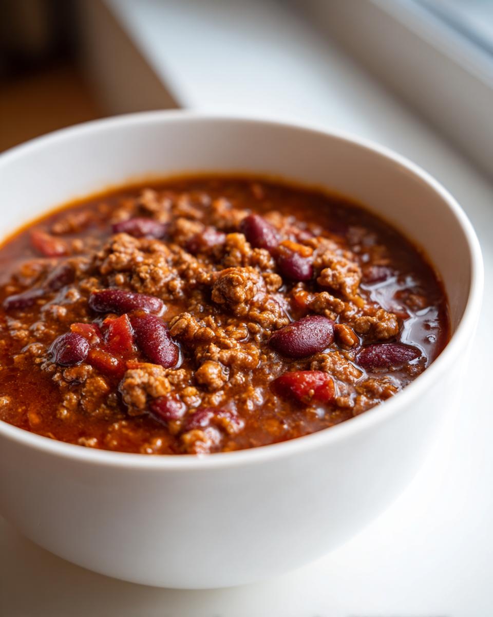 A close-up of a bowl of hearty chili, a dinner recipes recipe everyone asks for, featuring ground meat, kidney beans, and tomatoes.
