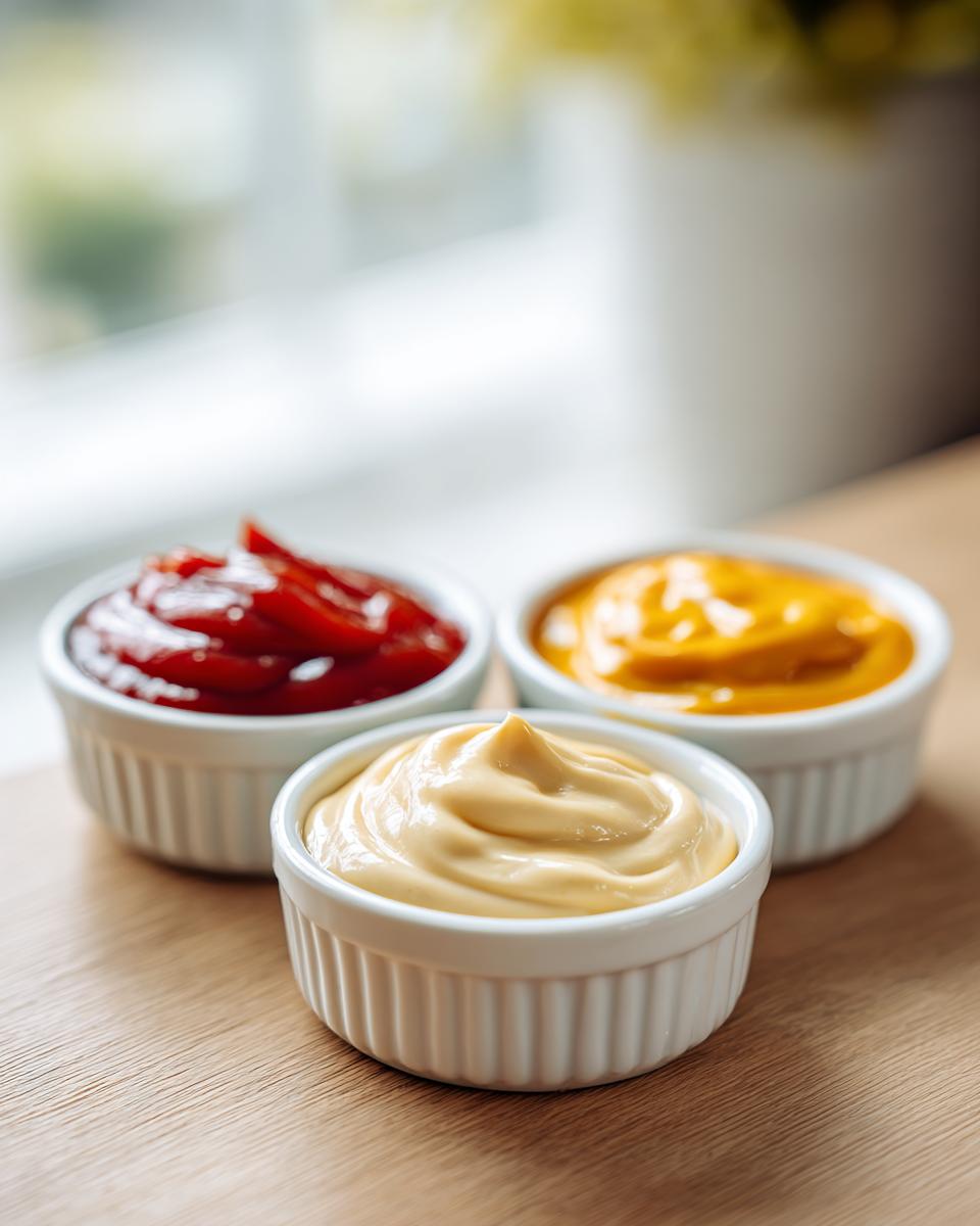 Three bowls of dipping sauces for mummy dogs: ketchup, mustard, and mayonnaise, ready to serve.