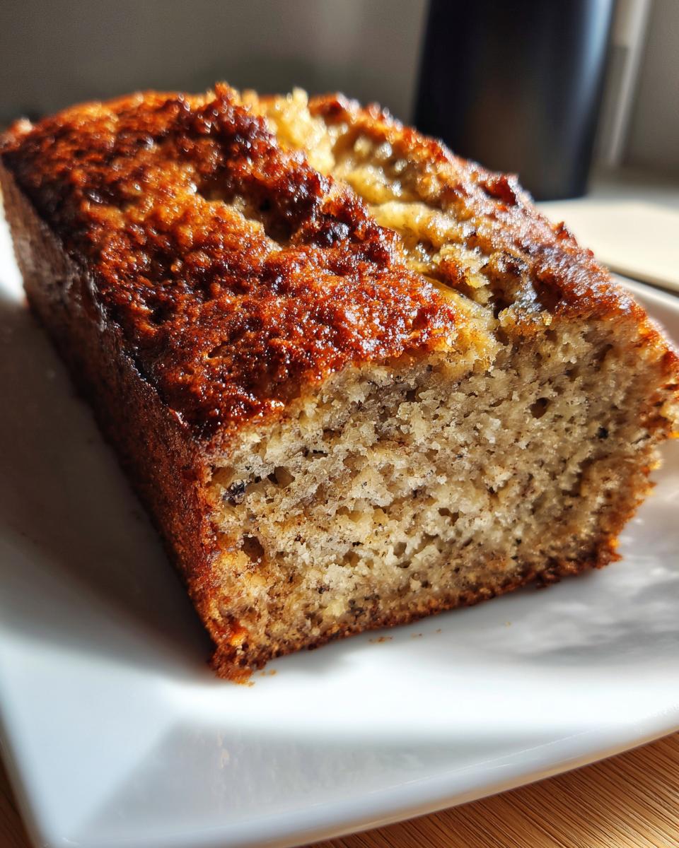 Close-up of a loaf of Easy Banana Bread, showcasing its moist texture and golden-brown crust.