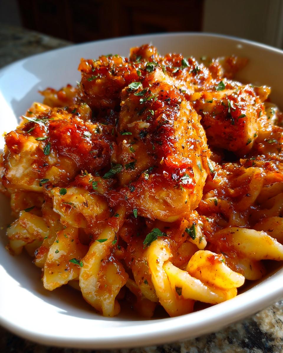 Bowl of pasta with chicken and tomato sauce, showcasing What Makes Perfect Easy Dinner Recipes? Try This.