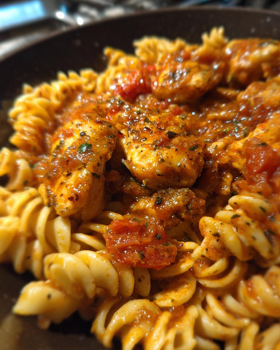 Close-up of pasta with chicken and tomato sauce, showcasing What Makes Perfect Easy Dinner Recipes.