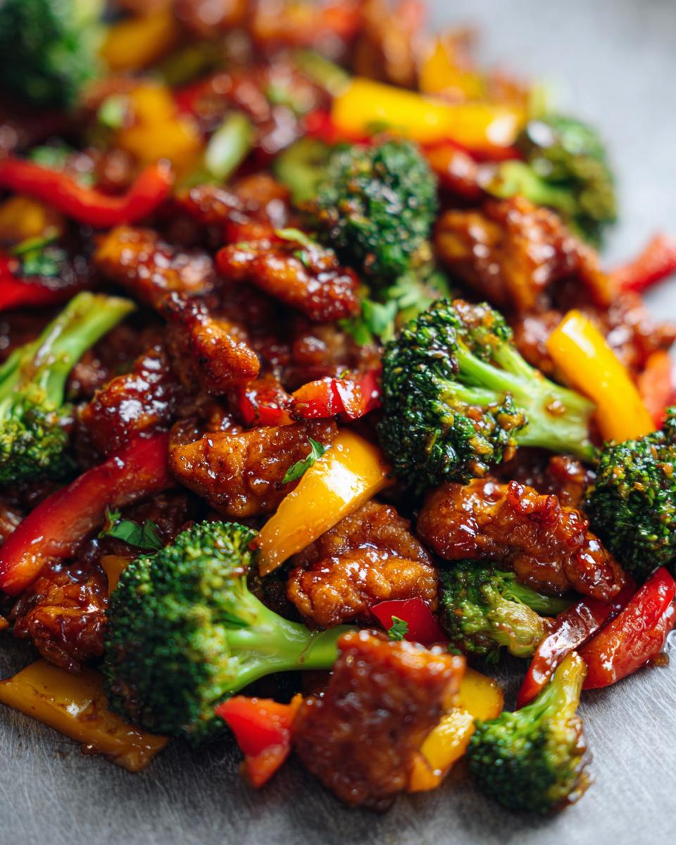 Close-up of a vibrant stir-fry with broccoli, red and yellow peppers, and glazed protein, perfect for Easy Dinner Recipes.