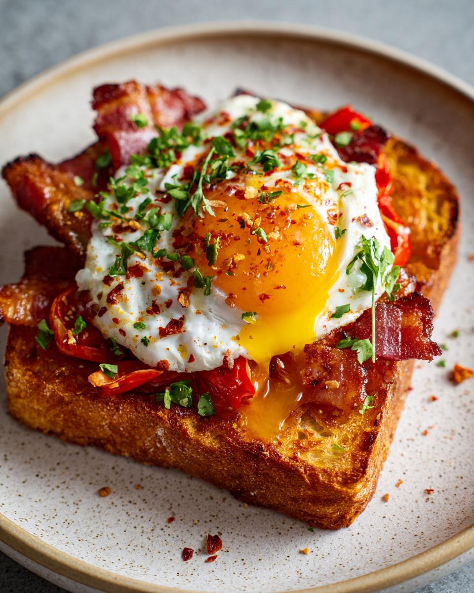 Toast topped with bacon, tomatoes, and a fried egg, showcasing breakfast ideas for a delicious meal.