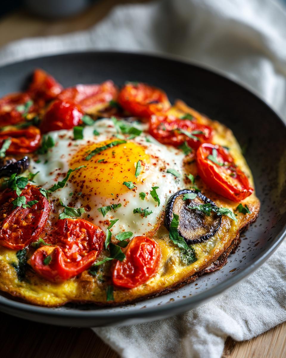 Egg frittata topped with tomatoes, eggplant, and herbs, a delicious example of breakfast ideas.