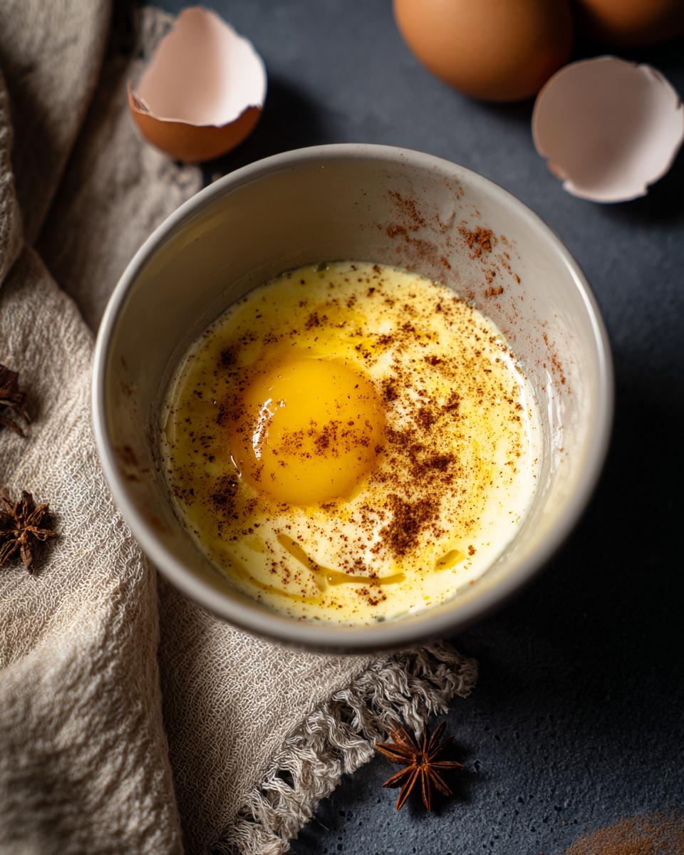 Overhead shot of an egg in a mug, seasoned with spices, for a quick 5-Ingredient Breakfast Idea.