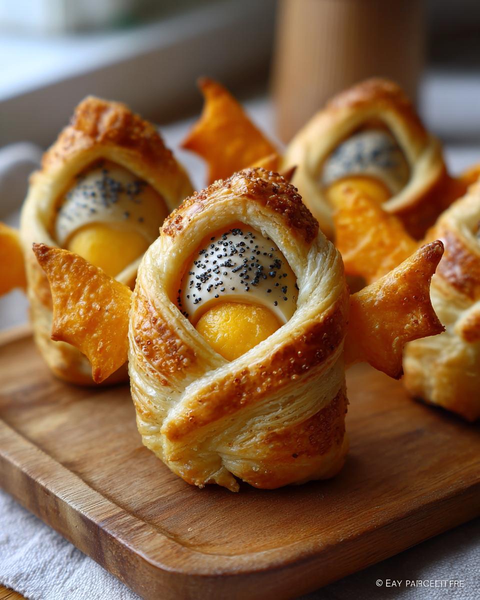 Close-up of spooky Egg “Mummies” with Cheesy Bats on a wooden board, Halloween recipe.