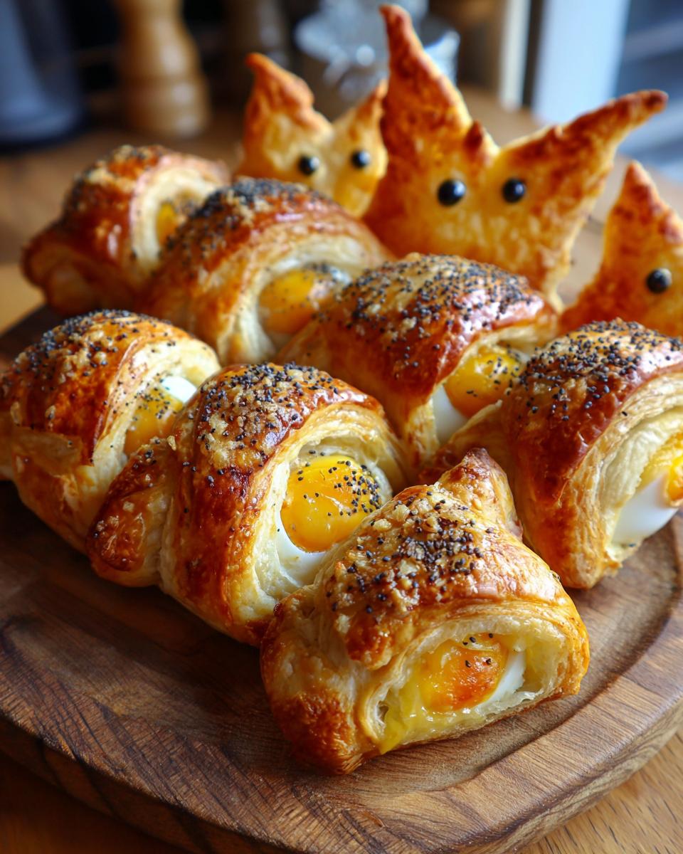 A platter of spooky Egg “Mummies” & Cheesy Bats, a savory Halloween treat made with eggs and puff pastry.