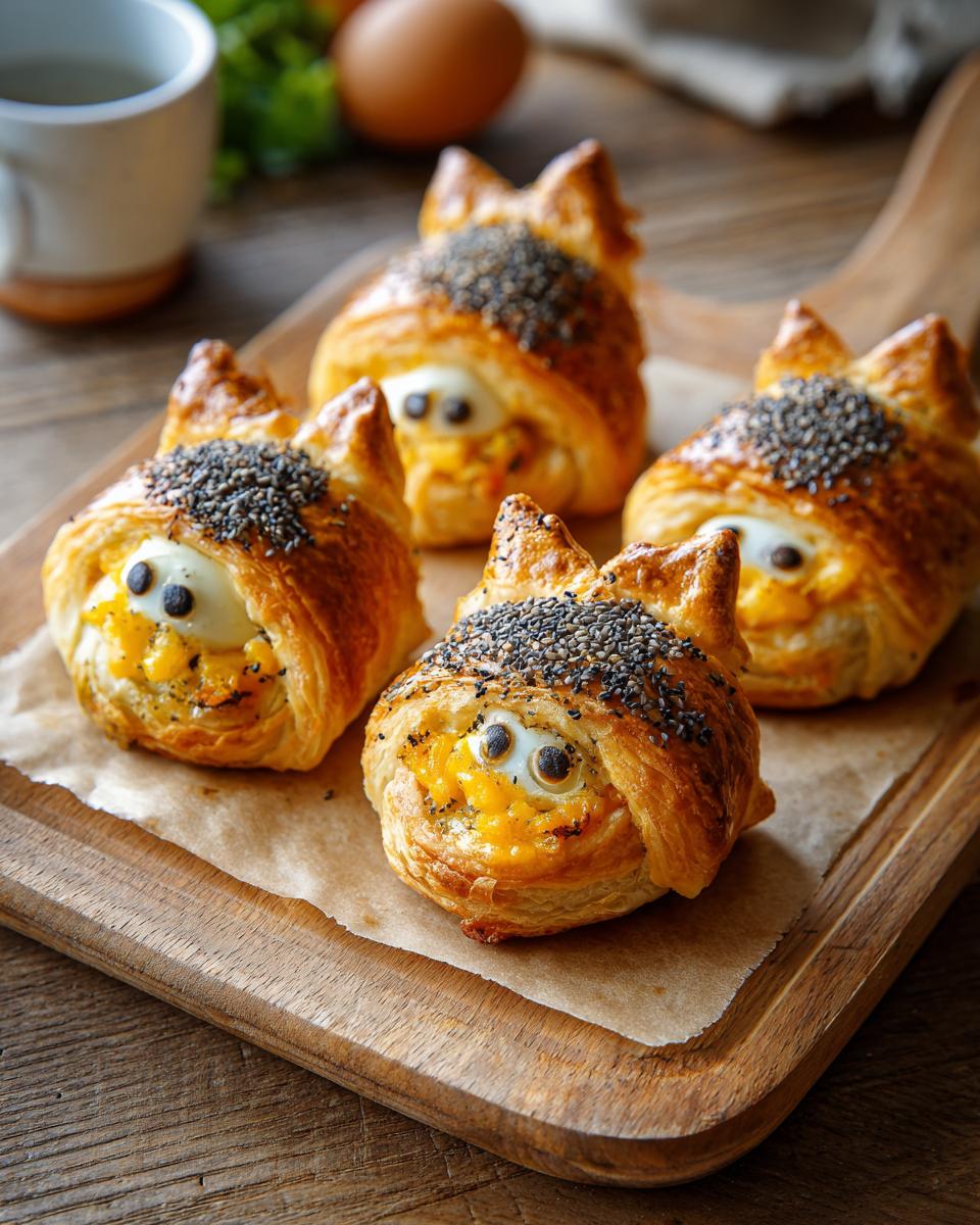 Four spooky Egg “Mummies” pastries with cheesy fillings and sesame seed toppings on a wooden board.