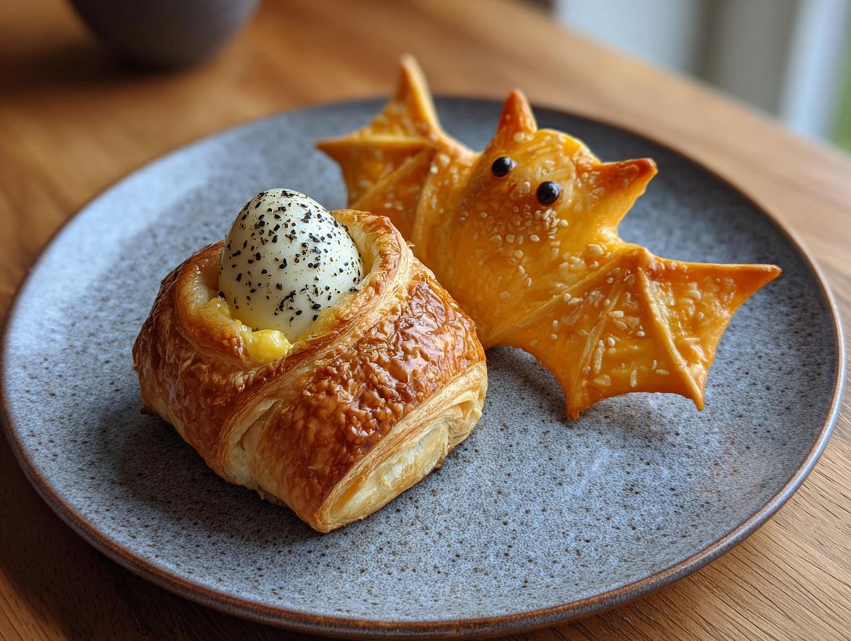 A spooky plate featuring Egg “Mummies” & Cheesy Bats, perfect for a Halloween treat.