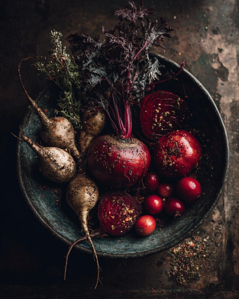 Bowl of fresh vegetables, including beets, turnips, and herbs, for 5-Ingredient Dinner Recipes.