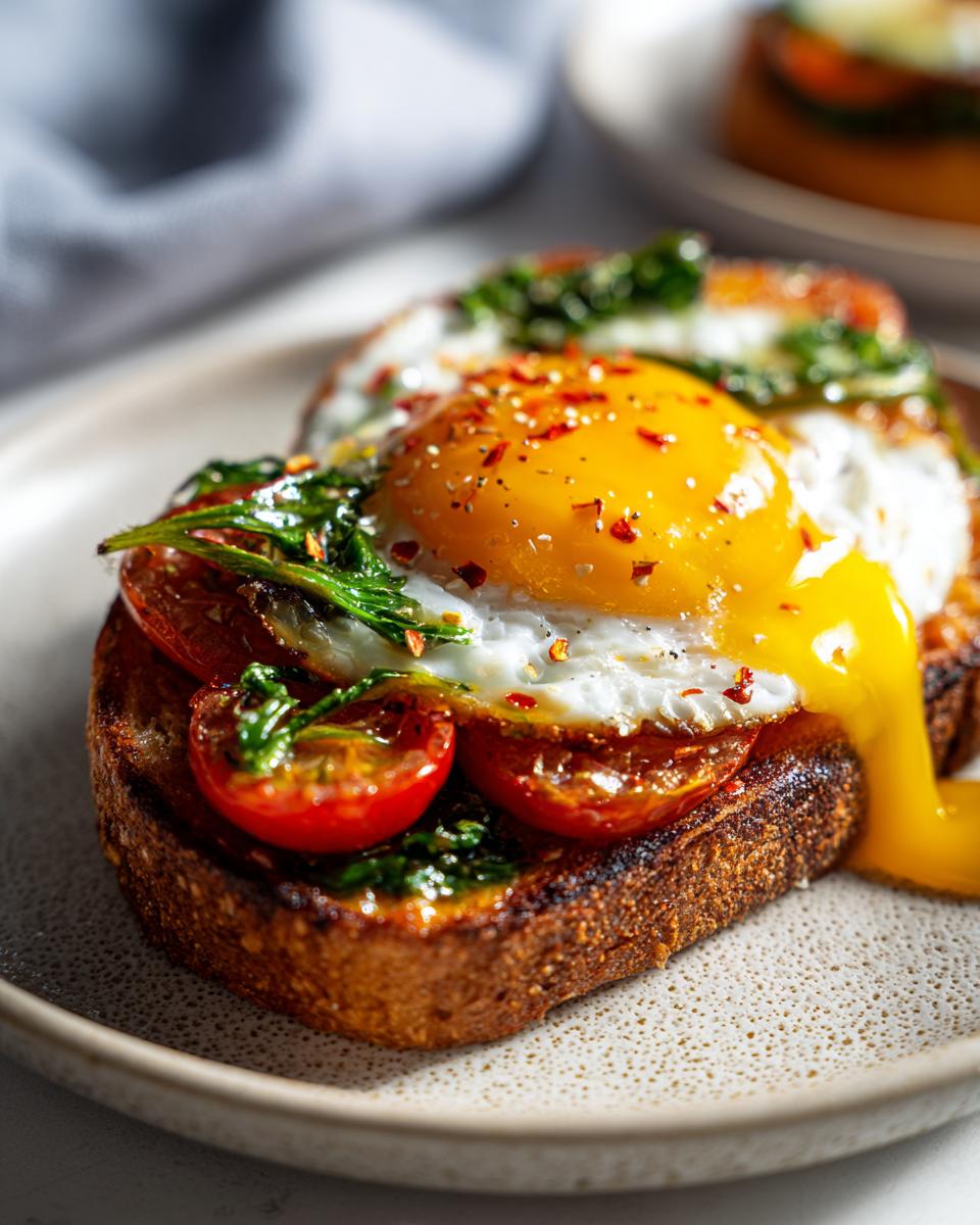 Toast topped with tomatoes, herbs, and a fried egg, perfect for Breakfast Ideas.