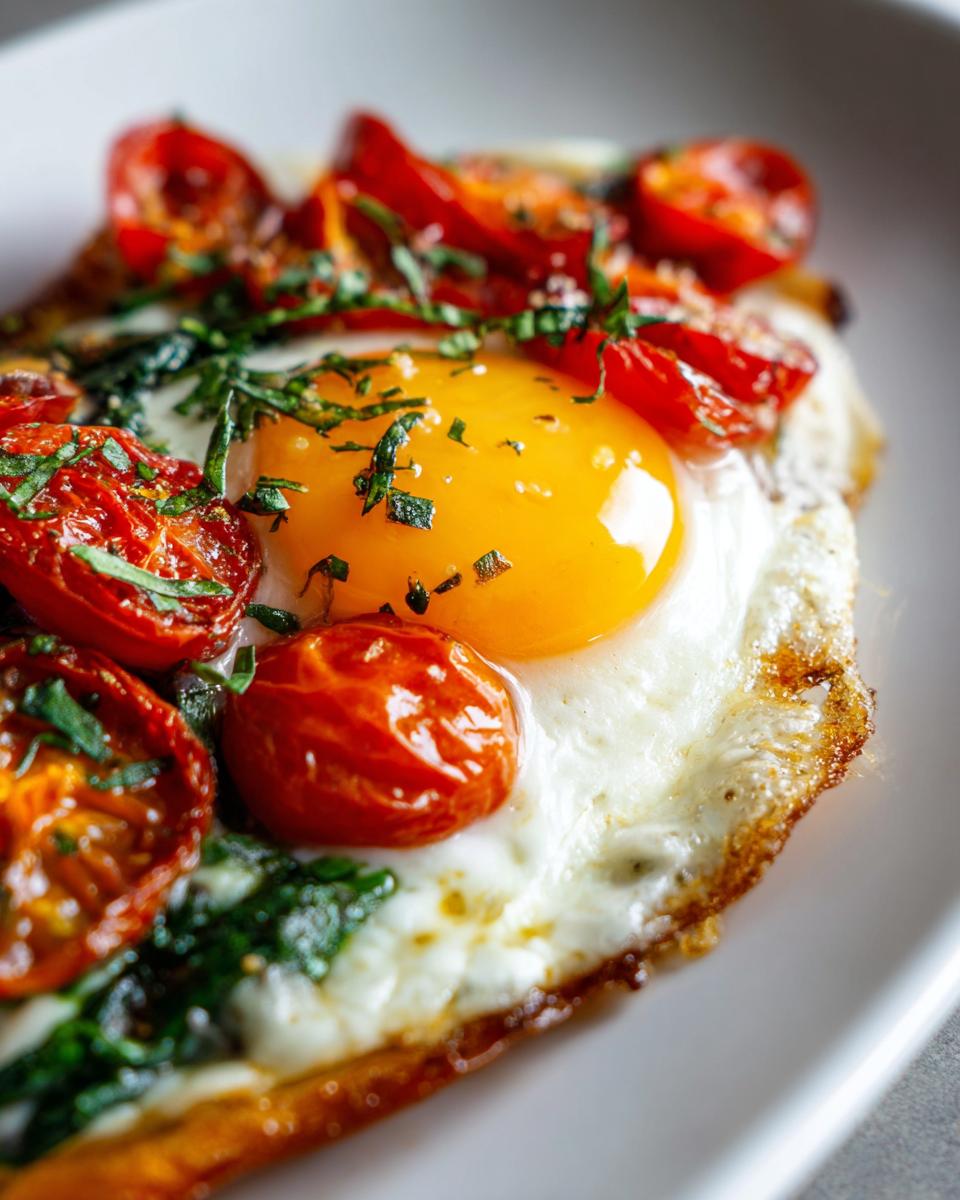 A fried egg with burst cherry tomatoes and herbs, a simple breakfast ideas recipe.
