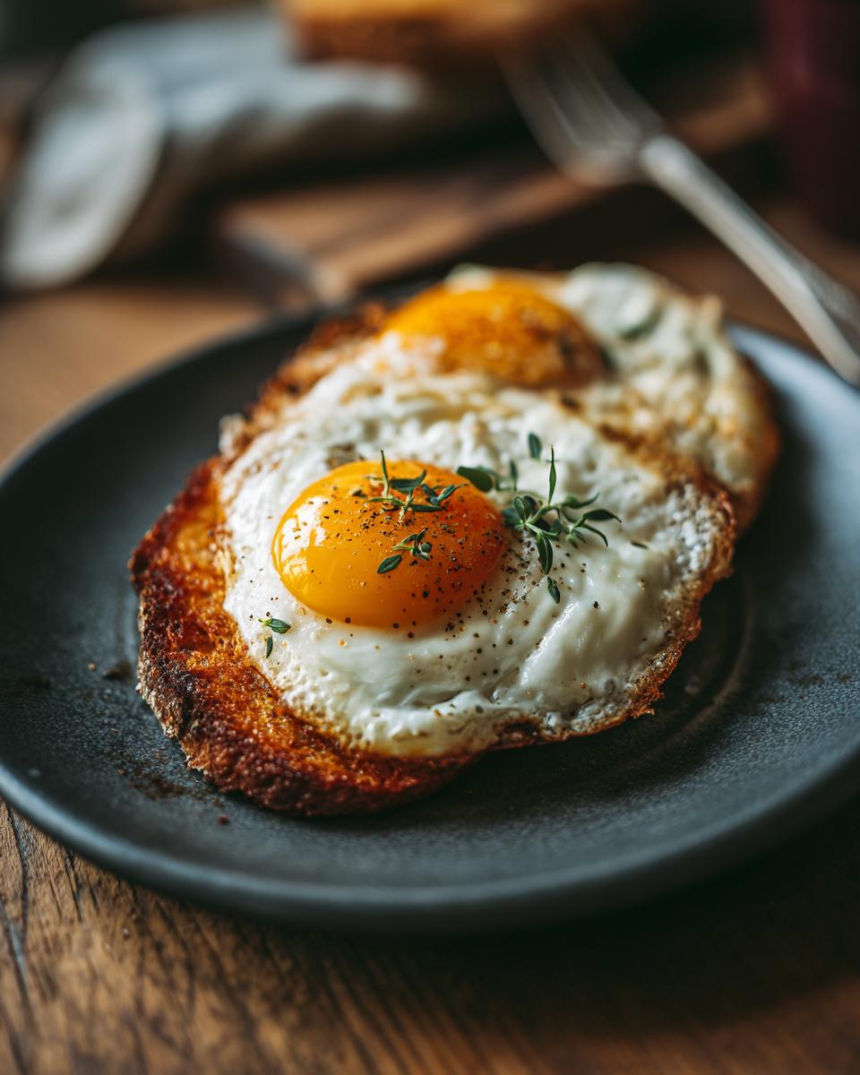 Two fried eggs on toast, seasoned with pepper and herbs. A simple 5-Ingredient Breakfast Ideas.