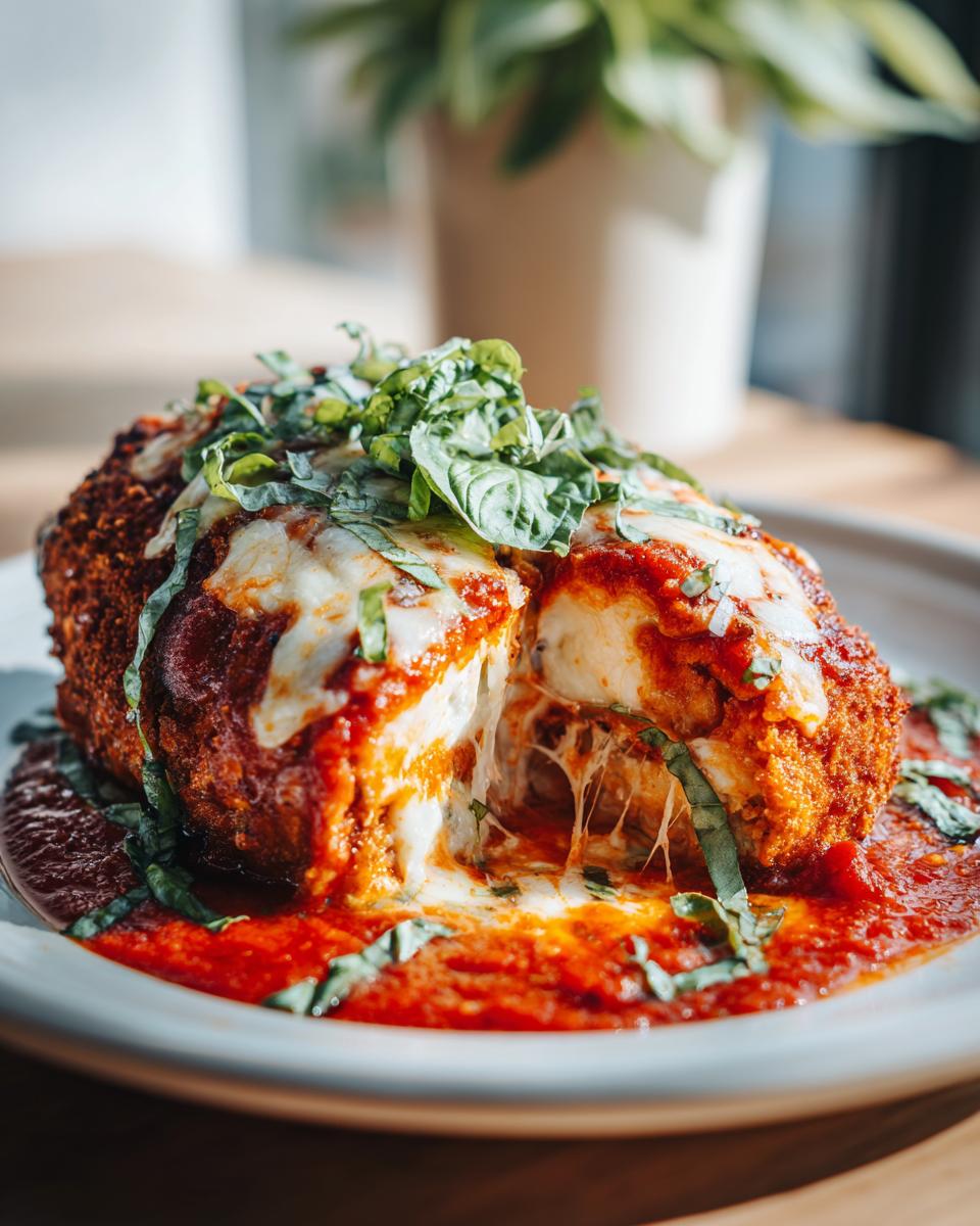 Restaurant-Style Dinner Recipes at Home: Close-up of a fried mozzarella ball cut in half, with tomato sauce and basil.