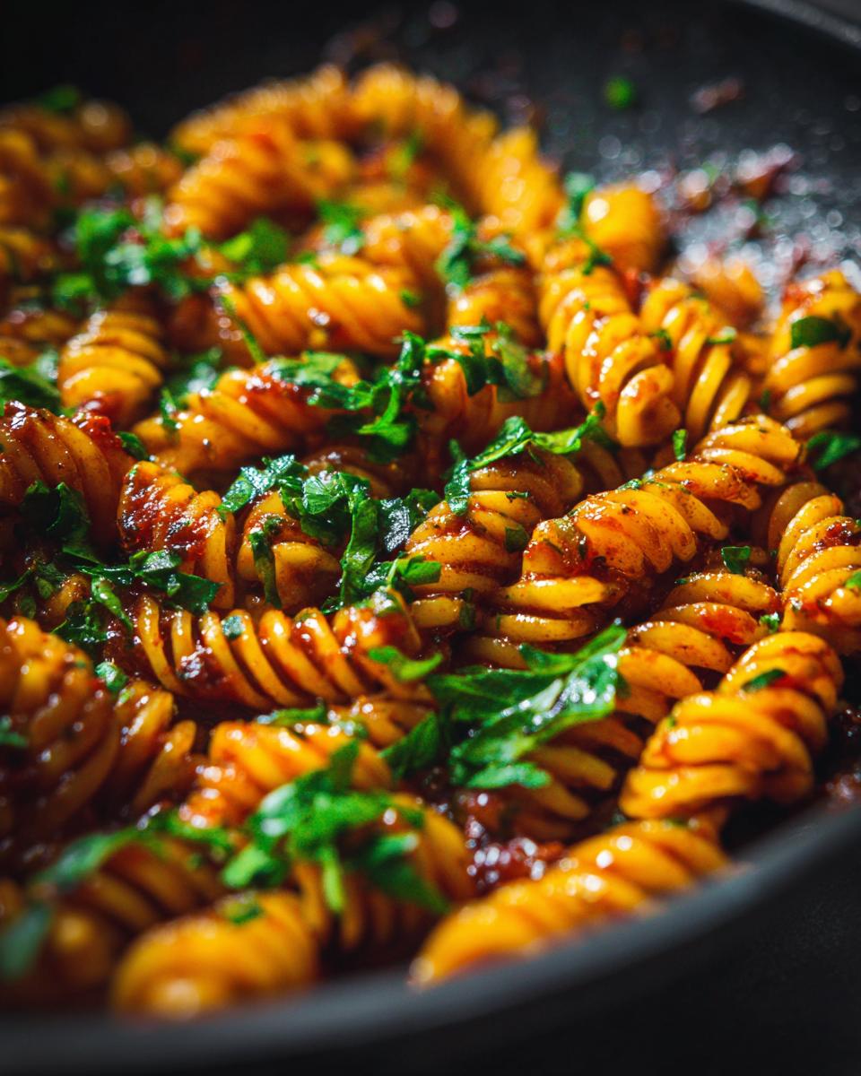 Close-up of fusilli pasta coated in sauce and garnished with fresh parsley, part of Ultimate Pasta Recipes Guide.