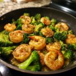 Close-up of Garlic Butter Shrimp & Broccoli in a skillet, showcasing the vibrant colors and textures of the dish.