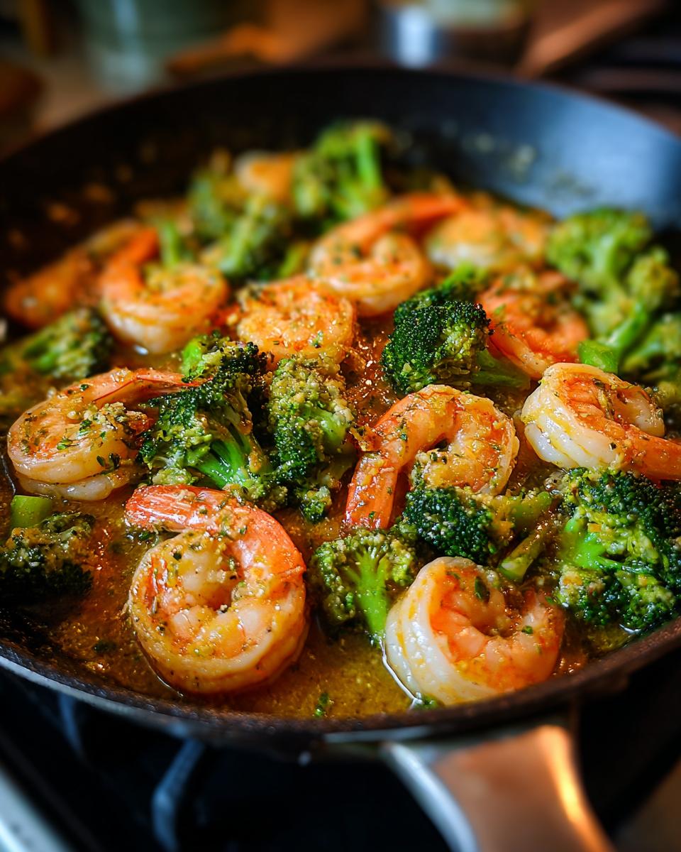 Close-up of Garlic Butter Shrimp & Broccoli in a skillet, showcasing the vibrant colors and textures of the dish.