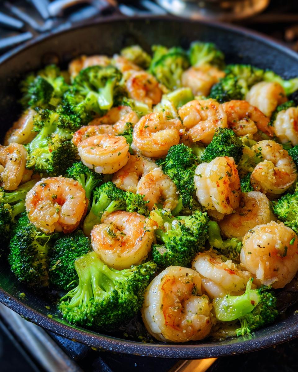 Close-up of Garlic Butter Shrimp & Broccoli in a skillet, showcasing the vibrant colors and textures.
