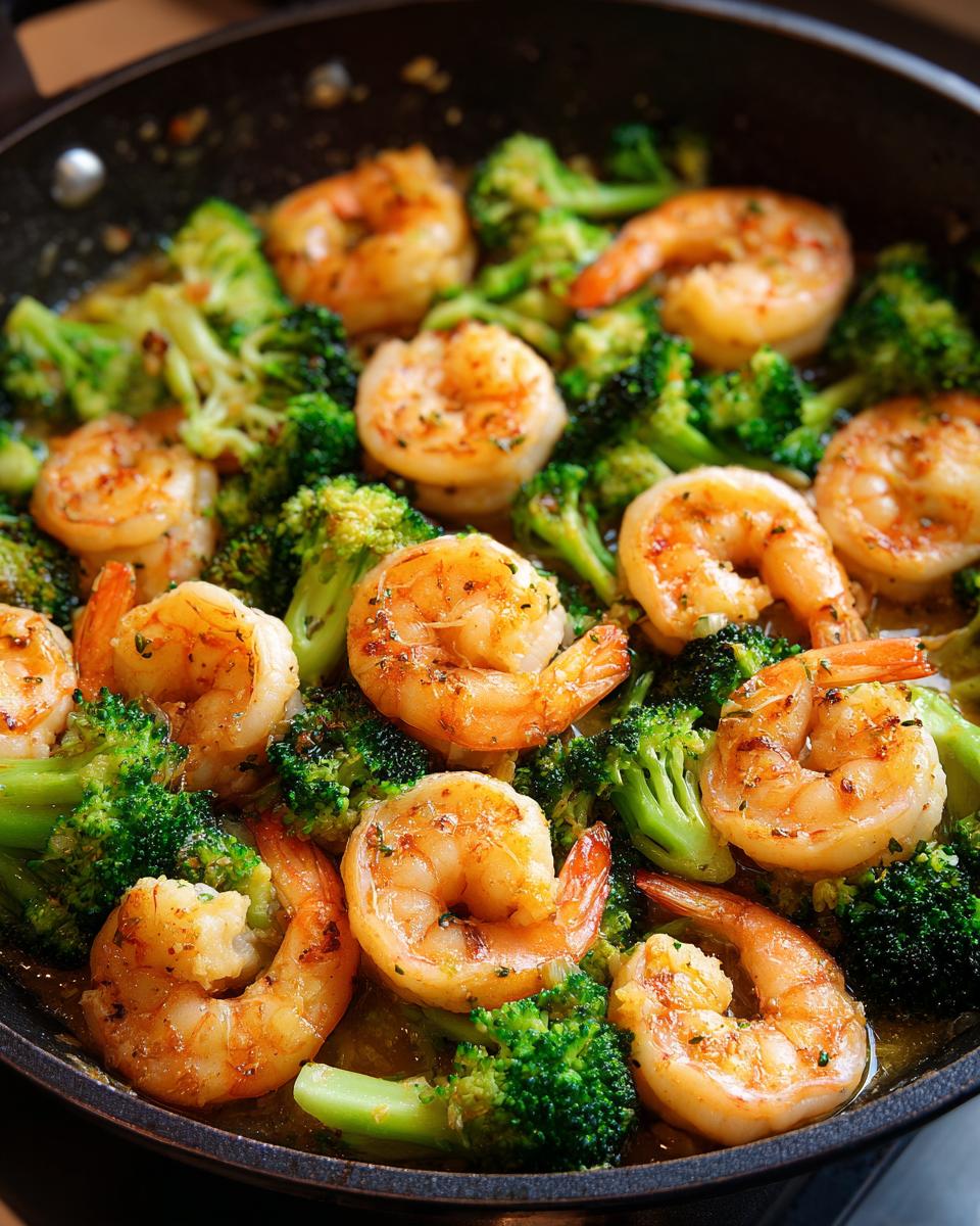 Close-up of Garlic Butter Shrimp & Broccoli in a skillet, showcasing the vibrant colors and textures of the dish.