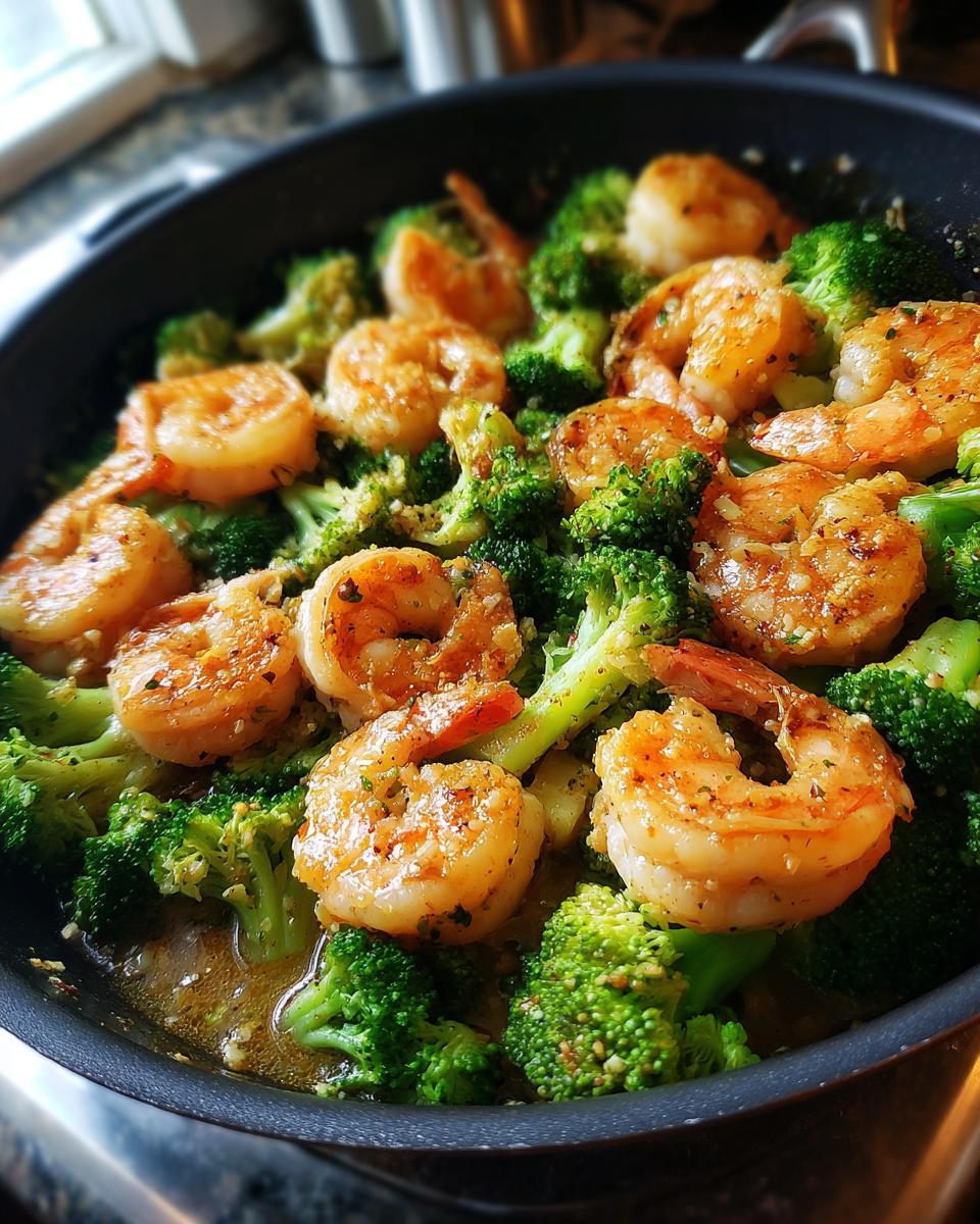 Close-up of Garlic Butter Shrimp & Broccoli in a skillet, showcasing the vibrant colors and textures of the dish.