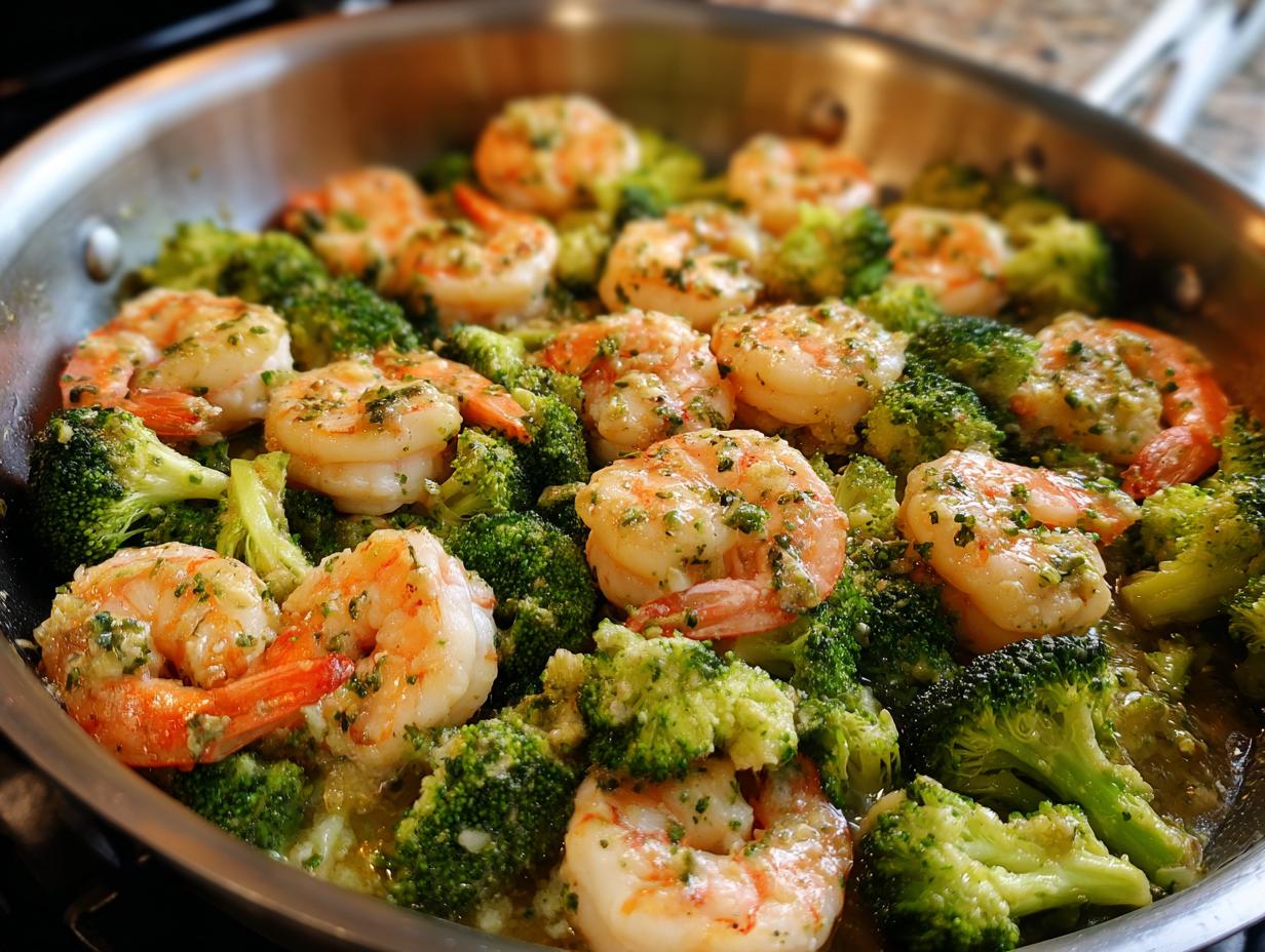 Skillet filled with Garlic Butter Shrimp & Broccoli, showcasing a delicious and healthy meal.