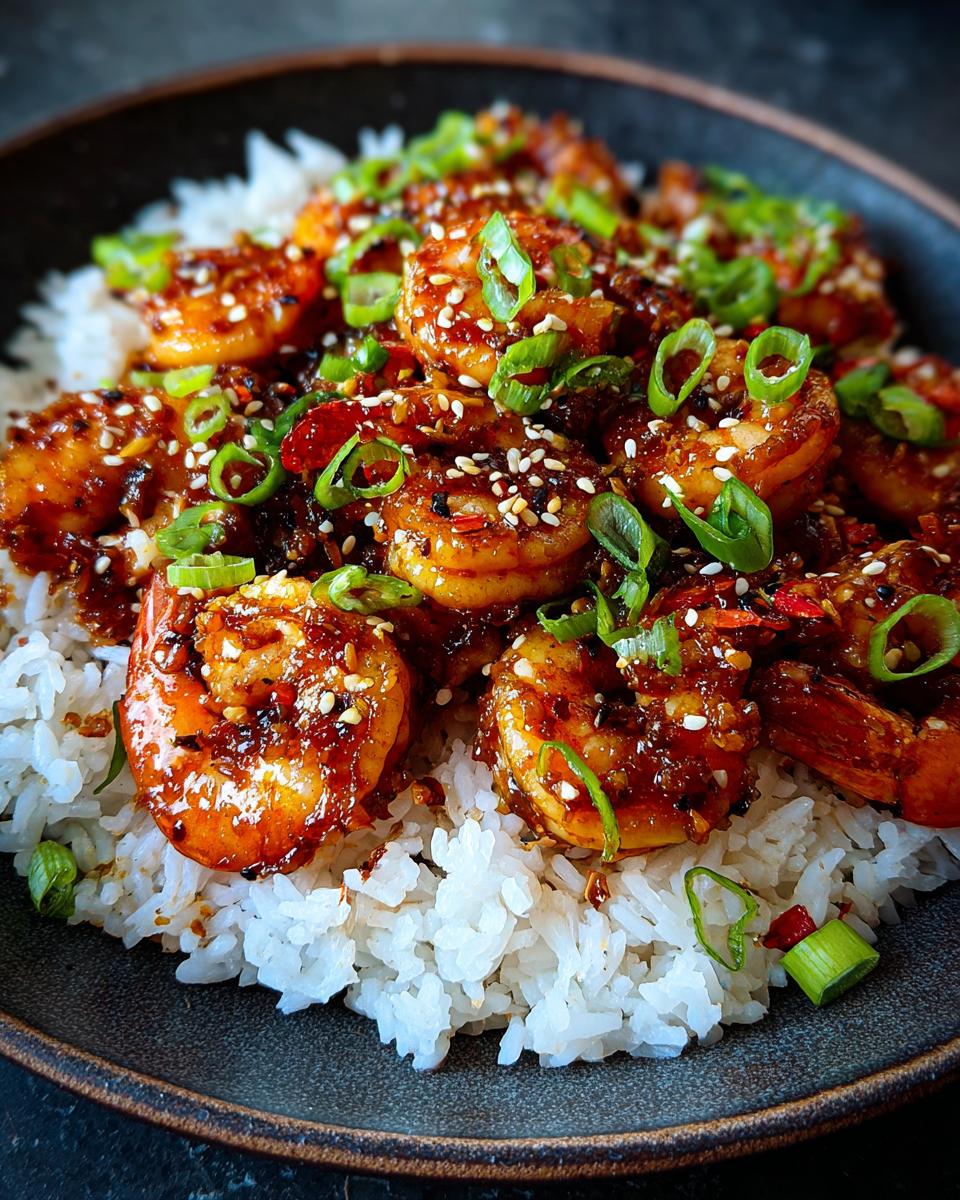 Close-up of Garlic Chili Shrimp With Jasmine Rice, garnished with sesame seeds and green onions.