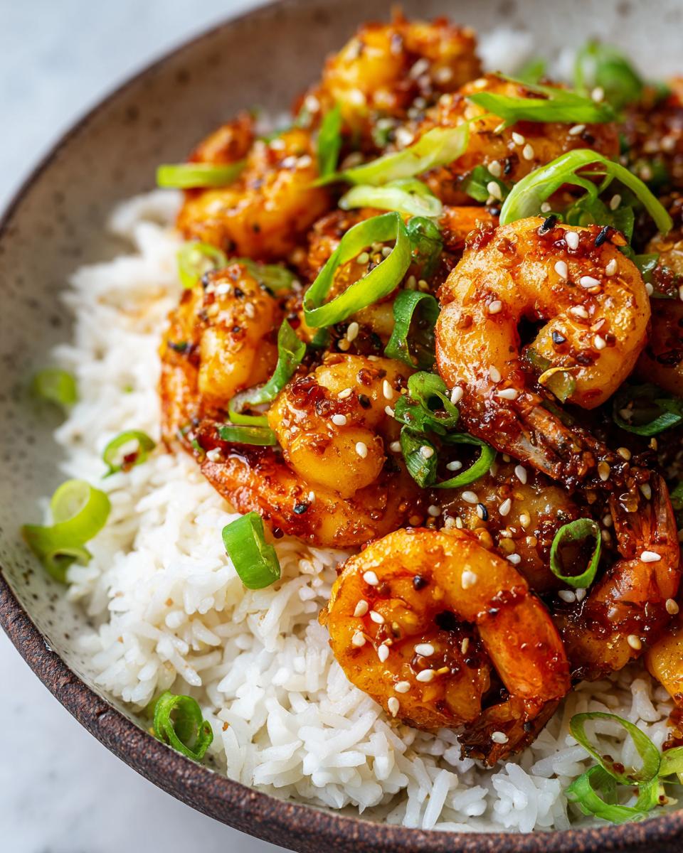 Close-up of Garlic Chili Shrimp With Jasmine Rice in a bowl, garnished with green onions and sesame seeds.