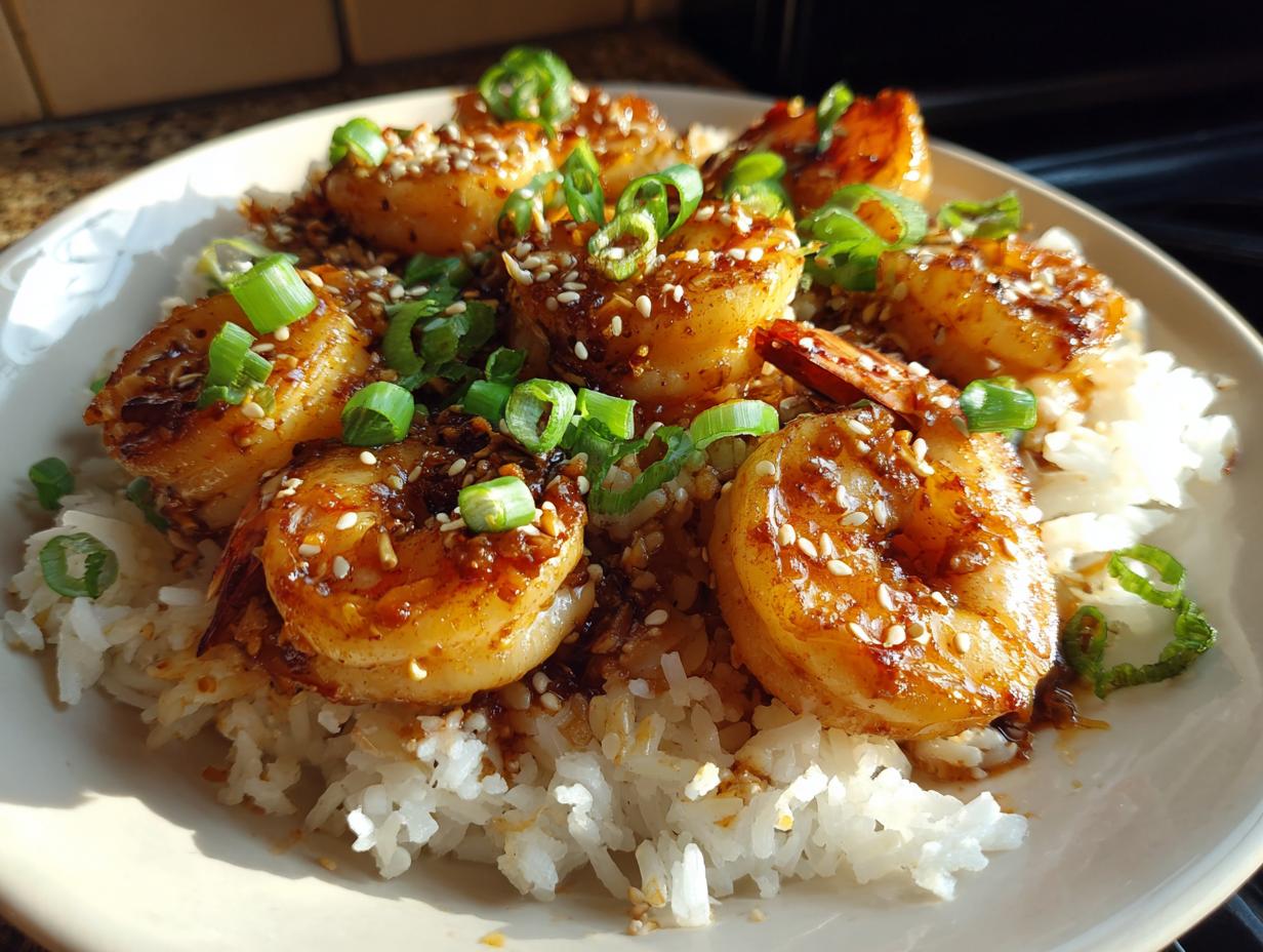 A delicious plate of Garlic Chili Shrimp With Jasmine Rice, garnished with sesame seeds and green onions.