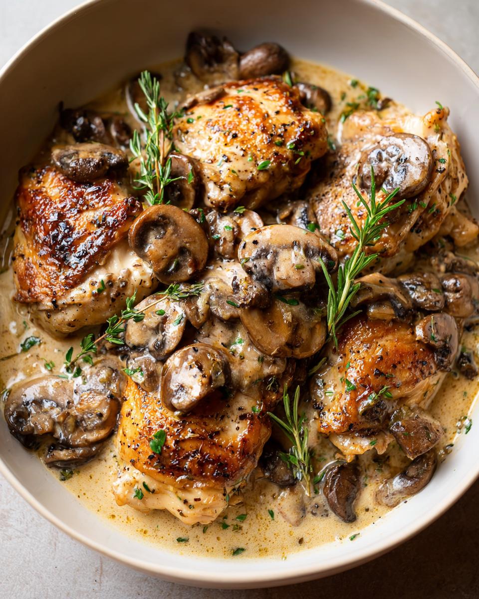 A bowl of Garlic Mushroom Chicken with creamy sauce, garnished with herbs. Ready to serve.