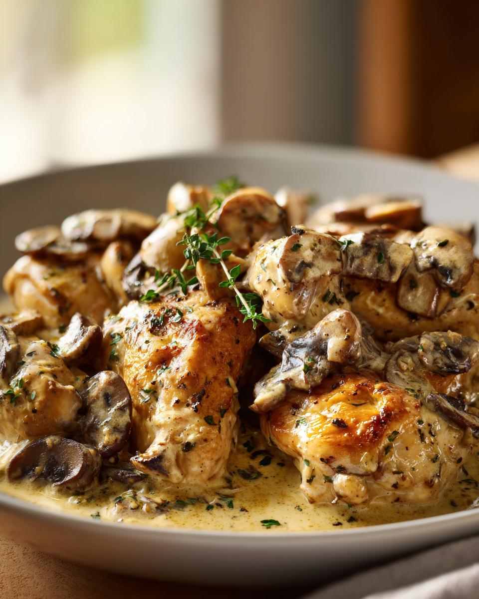 Close-up of Garlic Mushroom Chicken in a creamy sauce, garnished with fresh thyme.