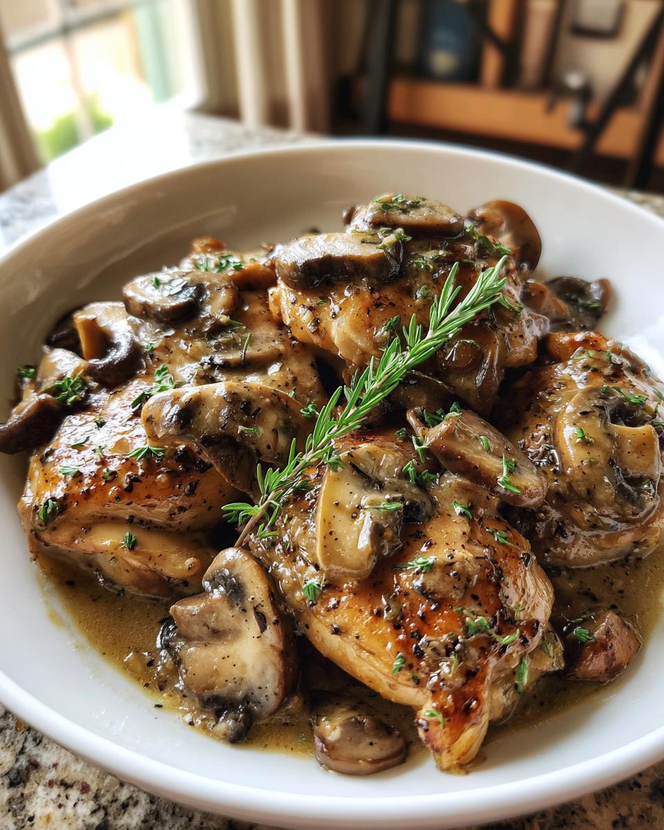A plate of Garlic Mushroom Chicken garnished with herbs, showcasing the rich sauce and tender chicken.