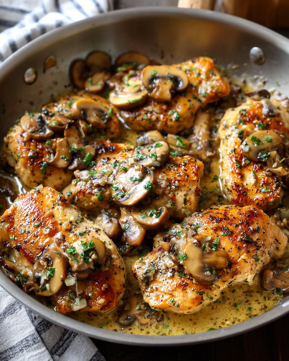 Pan-fried Garlic Mushroom Chicken with a creamy sauce, garnished with parsley. Ready to serve.