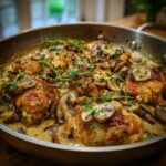 Garlic Mushroom Chicken in a pan, garnished with fresh herbs. Golden-brown chicken thighs with creamy mushroom sauce.