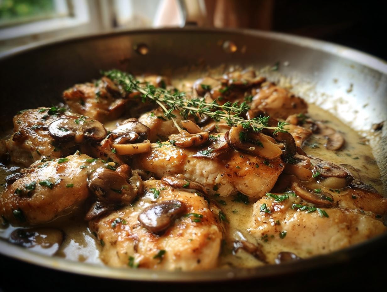 Pan-seared Garlic Mushroom Chicken with creamy sauce and fresh herbs, ready to serve.