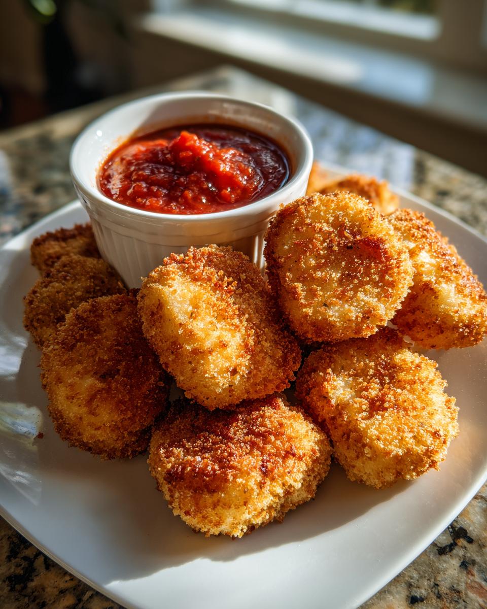 A plate of crispy Ghost Mozzarella Bites with Marinara dipping sauce, ready to be enjoyed.