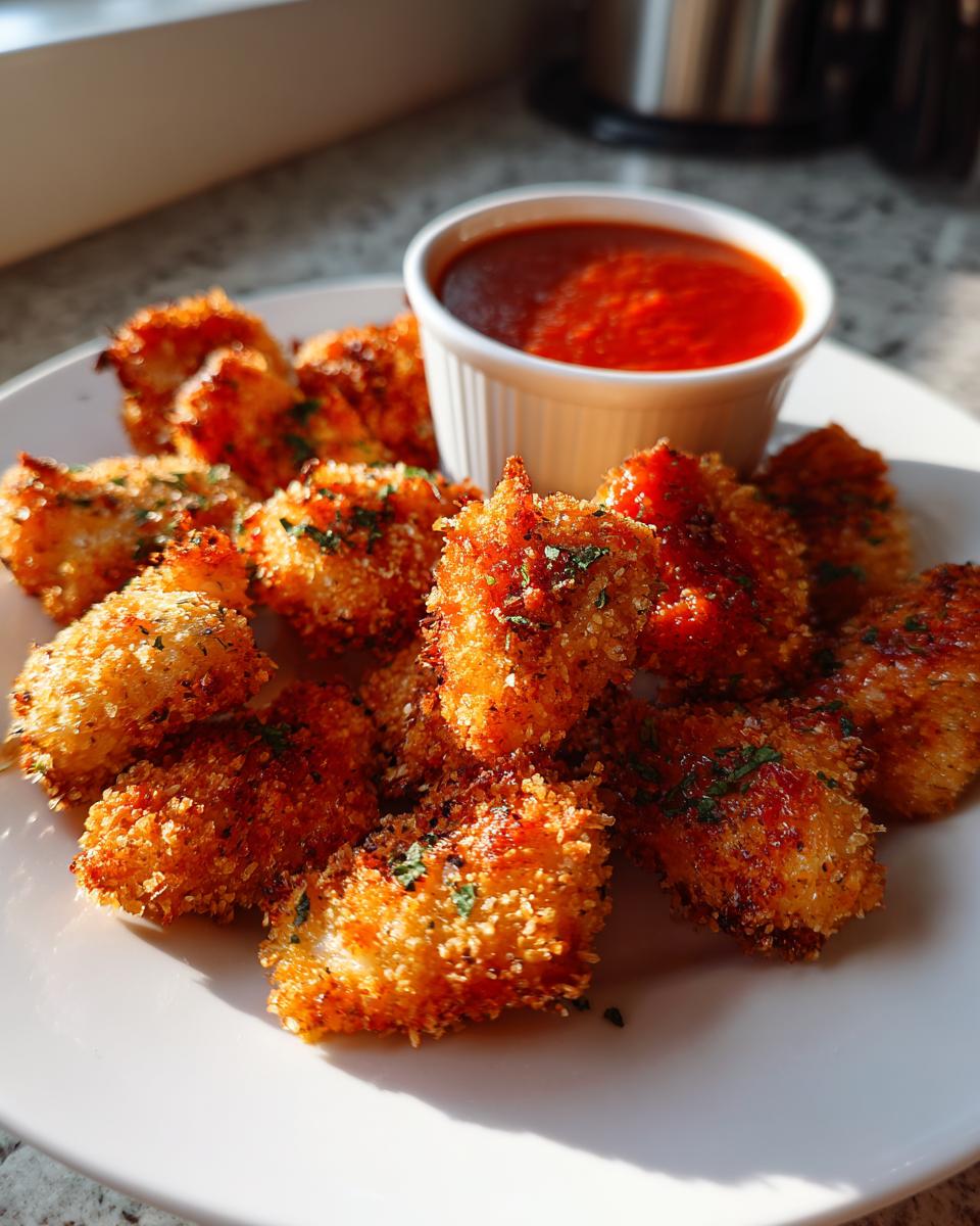 A plate of golden-brown Ghost Mozzarella Bites served with a side of vibrant marinara sauce.