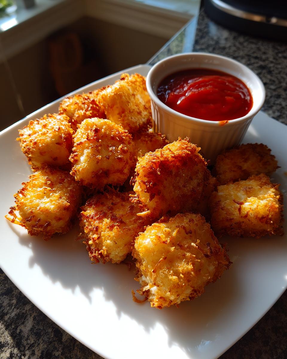 A plate of crispy, golden Ghost Mozzarella Bites with Marinara dipping sauce.